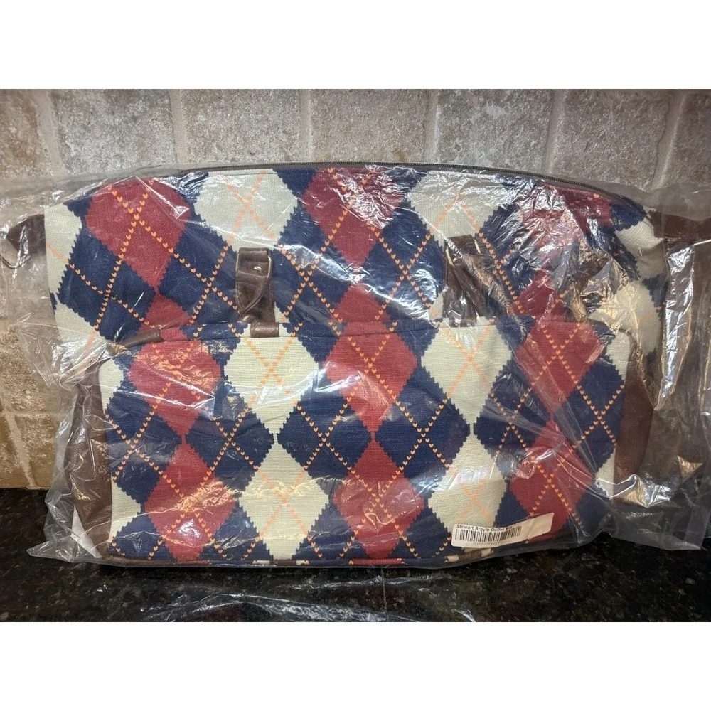 LULU DHARMA Stewart Blue Red Argyle Vegan‎ Leather Duffel Handbag NEW